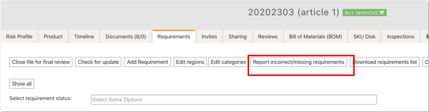Report incorrect requirements button